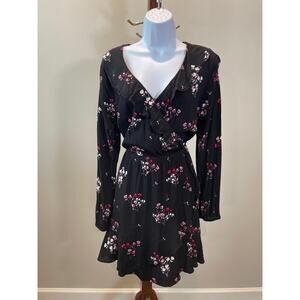 Black Express Dress Size L Long Sleeve Deep V‑Neck Cinched Waist Ruffle Detail